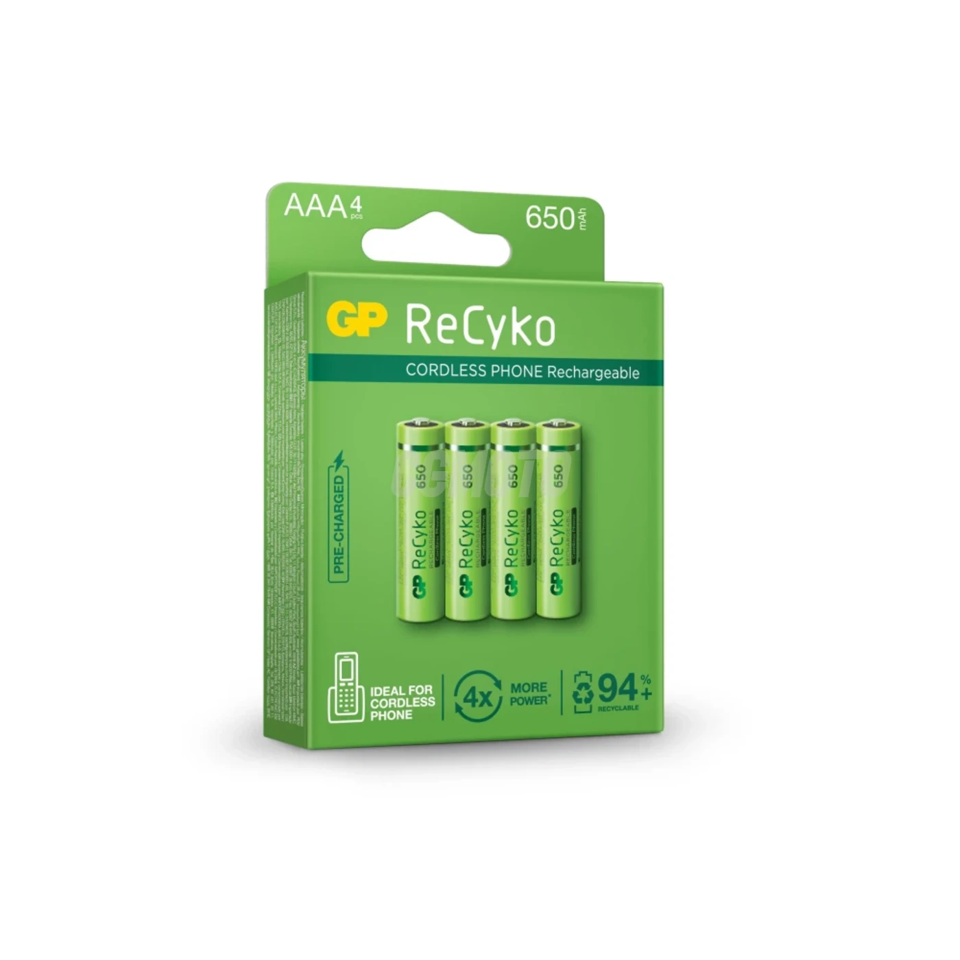 Blister da 4 batterie ricaricabile Recyko+ AAA 650mAh Dect Phone Power