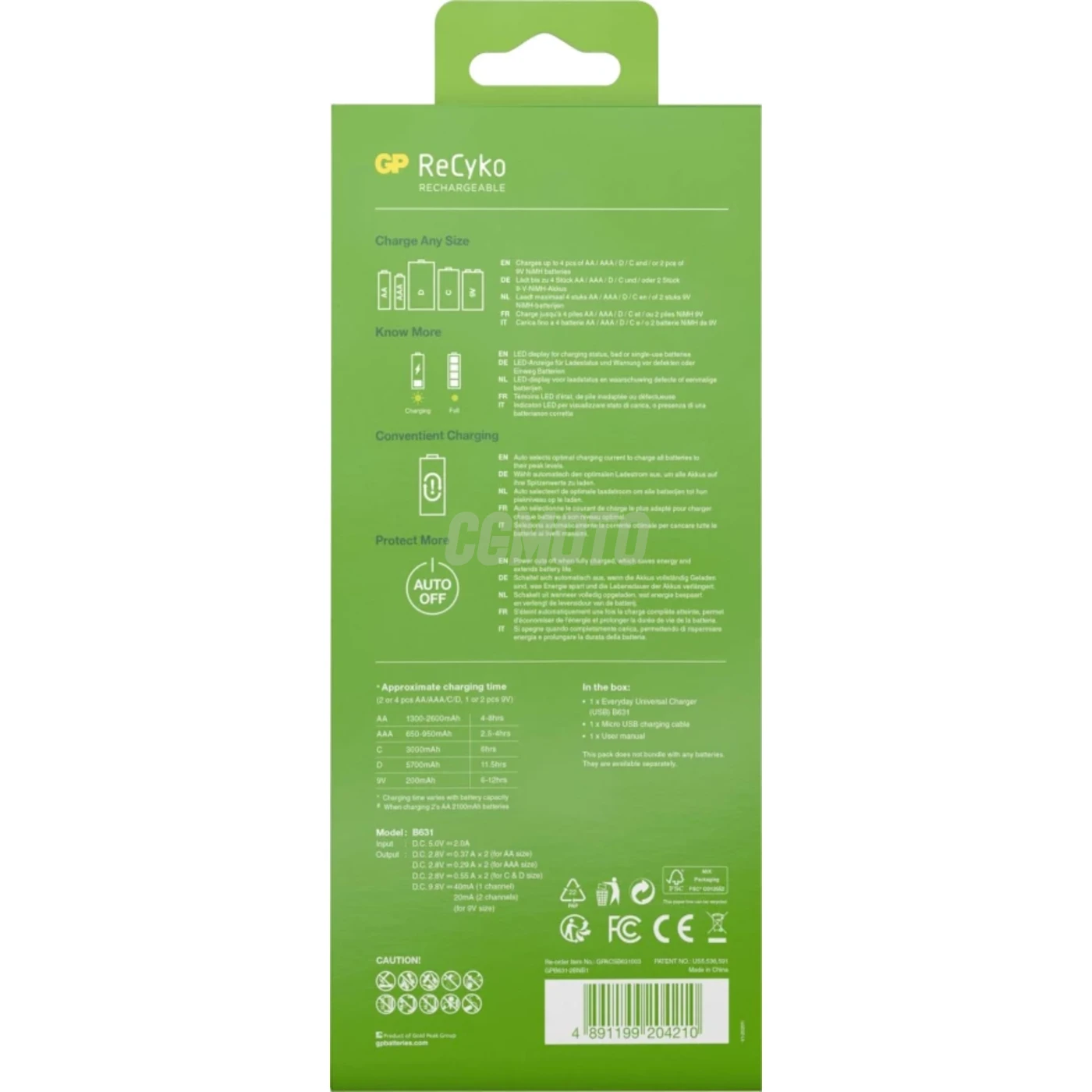 Caricabatterie universale GP B631 Recharge : AA / AAA / C / D / 9V NiMH - batterie non incluse