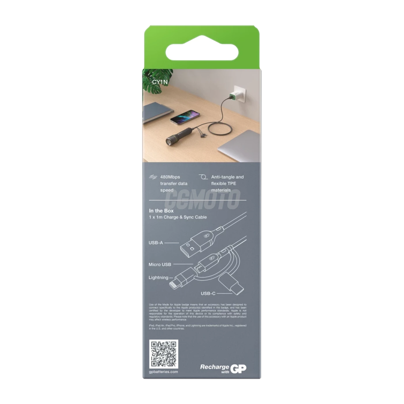 Essentials 1m 3-in-1 USB-A to Lightning/USB-C/Micro-USB-A