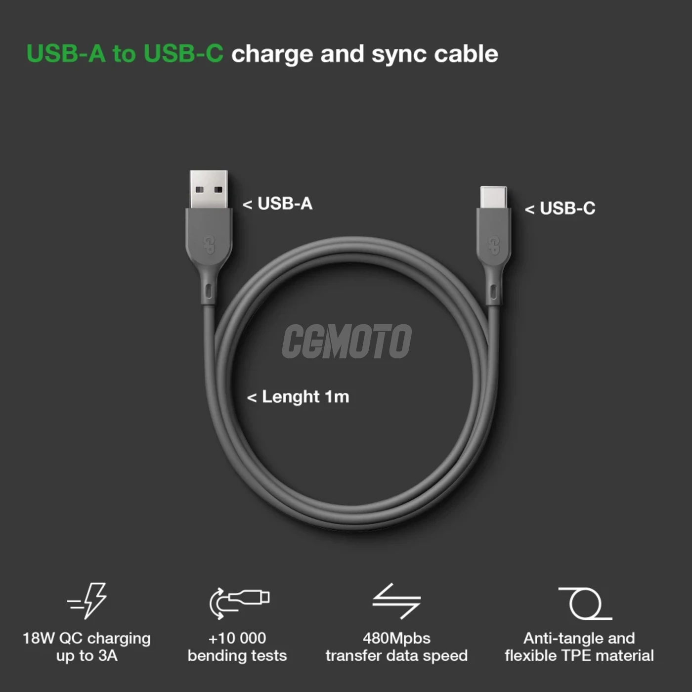 Essentials 1m USB-A to USB-C cable - Grey