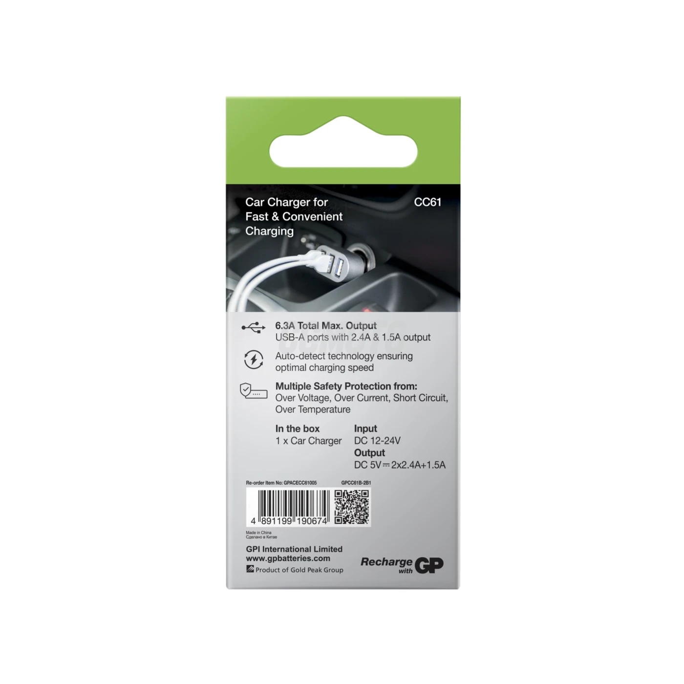 GP Caricabatterie da auto CC61 - USB - 2 ports USB 2 4A + 1 port USB 1 5A